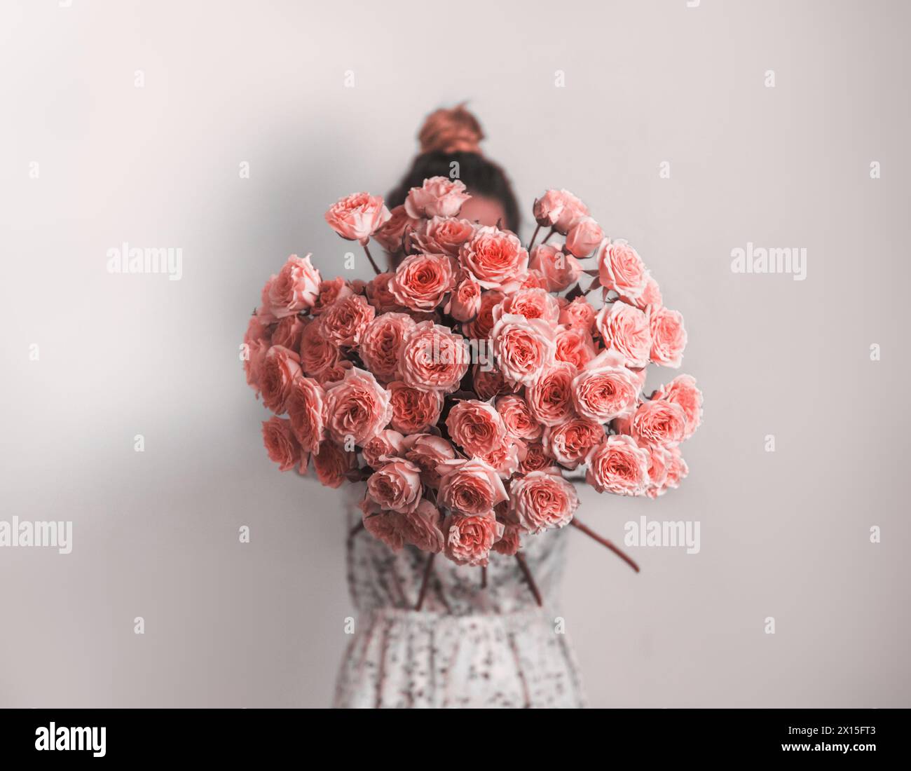 Blumenstrauß in weibliche Hände. Bündel lebende Korallen Rosen. Farbe des Jahres 2019 Lebende Korallen Konzept. Stockfoto