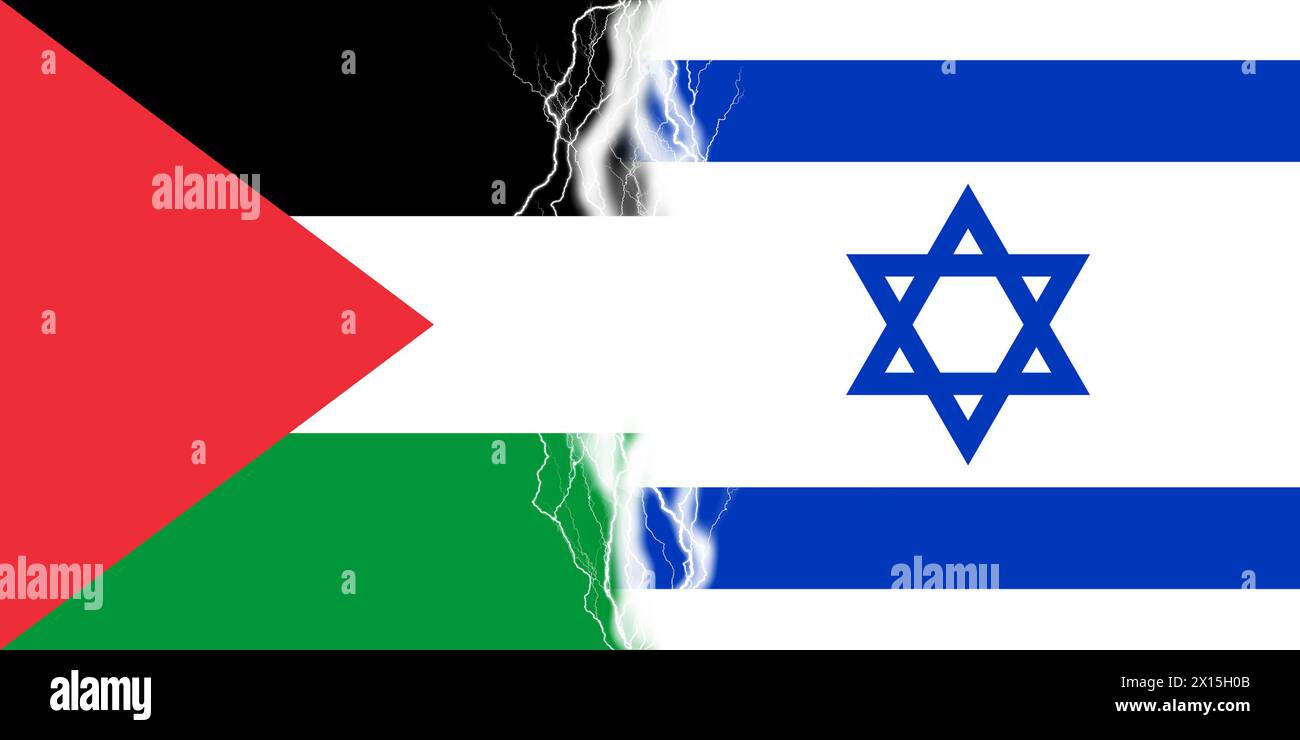 Zwischen den Flaggen Israels und der Hamas wirkt ein Licht. Israelische und Hamas greifen an, Krieg im Gazastreifen Symbol Stockfoto