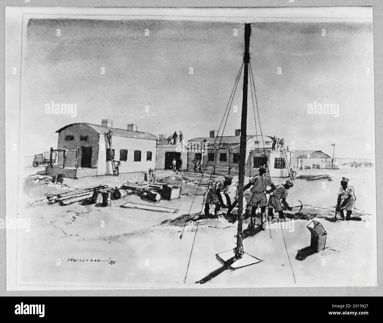 Im Jahr 1945 führt das RAF-Personal im Rahmen der Route „Refors“ in El Adem Wiederaufbauarbeiten durch, um die Einsatzbereitschaft zu gewährleisten. Stockfoto