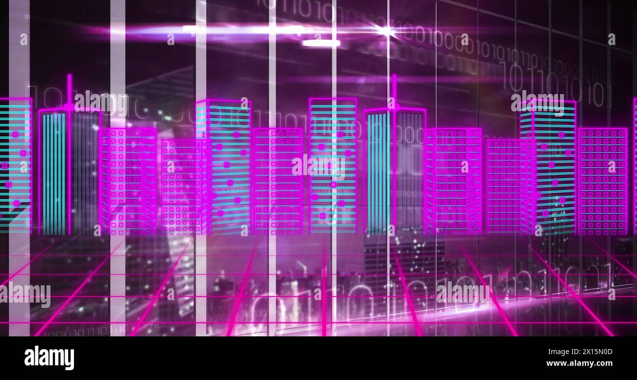 Bild der Metaverse City auf digitalem Bildschirm mit verschiedenen Daten Stockfoto