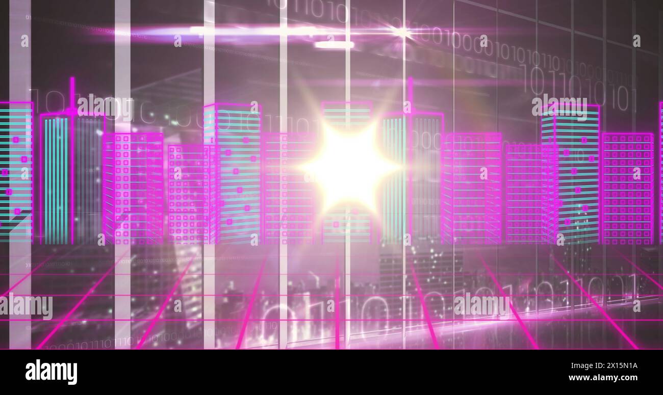 Bild der Metaverse City auf digitalem Bildschirm mit verschiedenen Daten Stockfoto