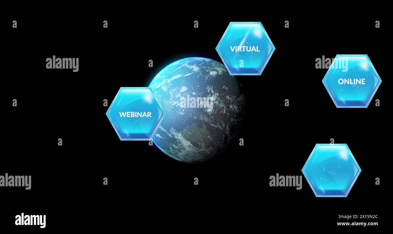 Bild des Bildungs- und Lerntextes auf blauen Sechsecken über dem Globus auf schwarzem Hintergrund Stockfoto