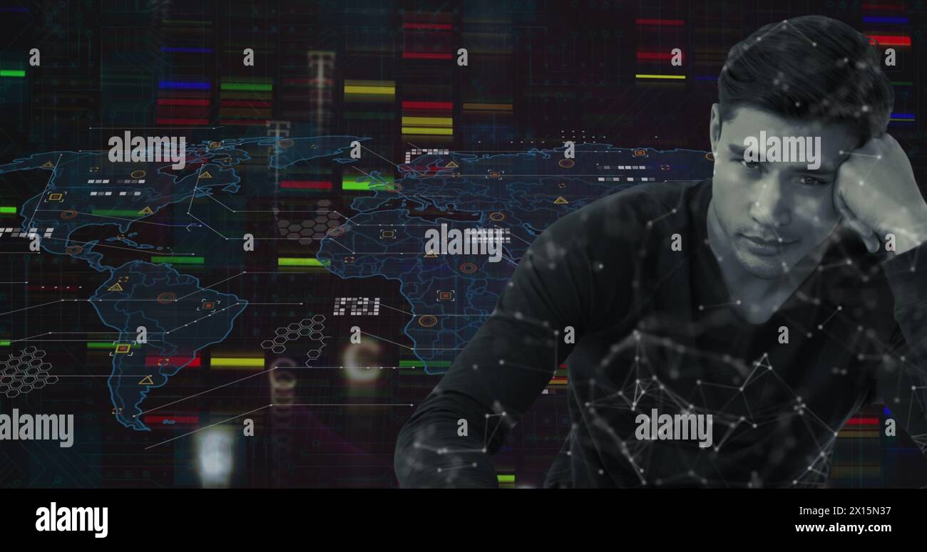 Bild der Datenverarbeitung über Weltkarte und besorgter birassischer Mann Stockfoto