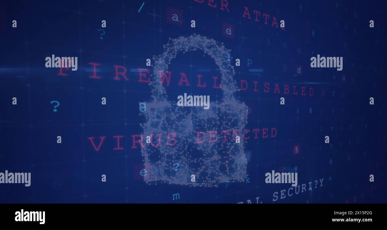 Abbildung: Vorhängeschloss und Wolkensymbol über Datenverarbeitung auf blauem Hintergrund Stockfoto