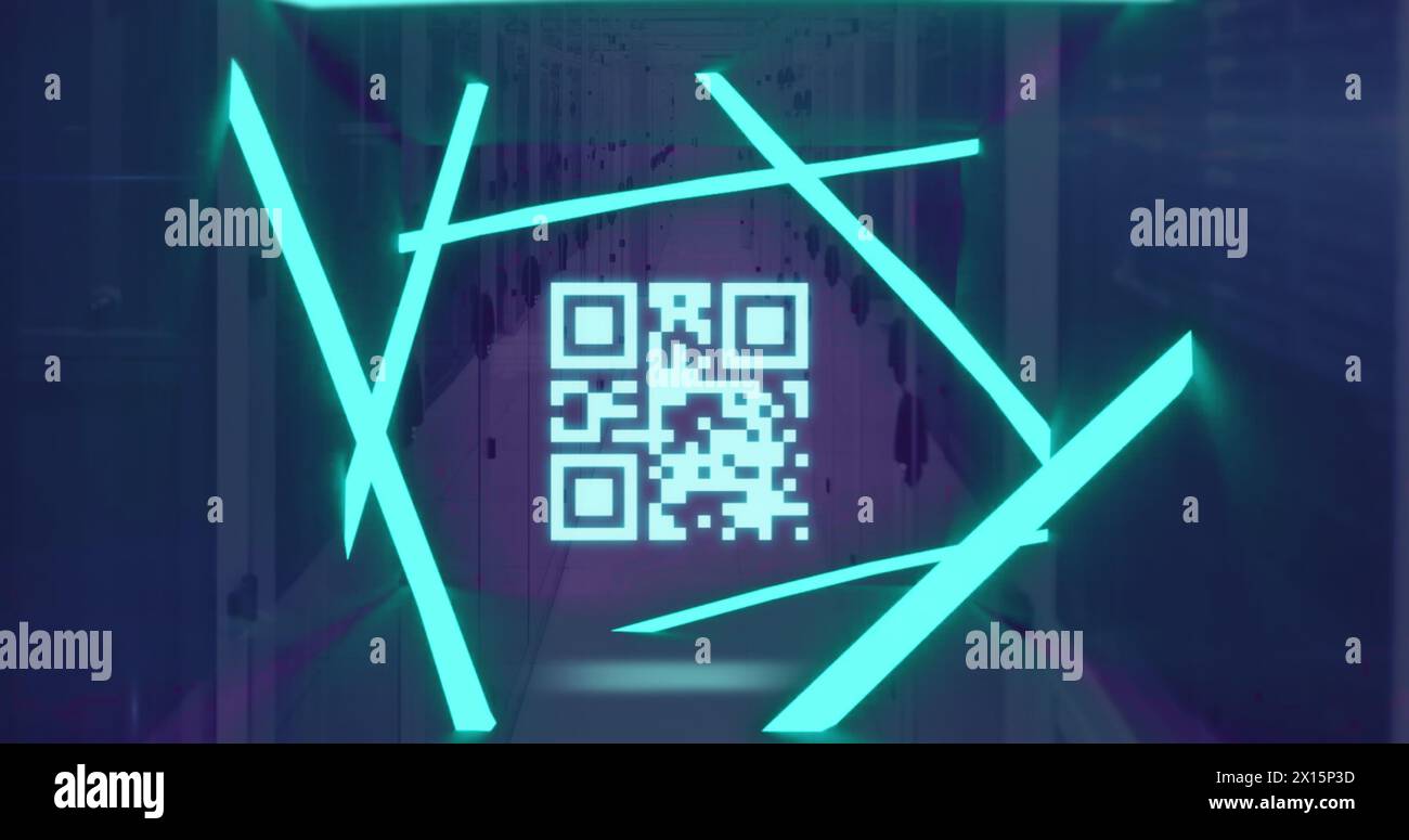Bild von leuchtendem Neon und qr-Code, der über Computerservern flimmert Stockfoto