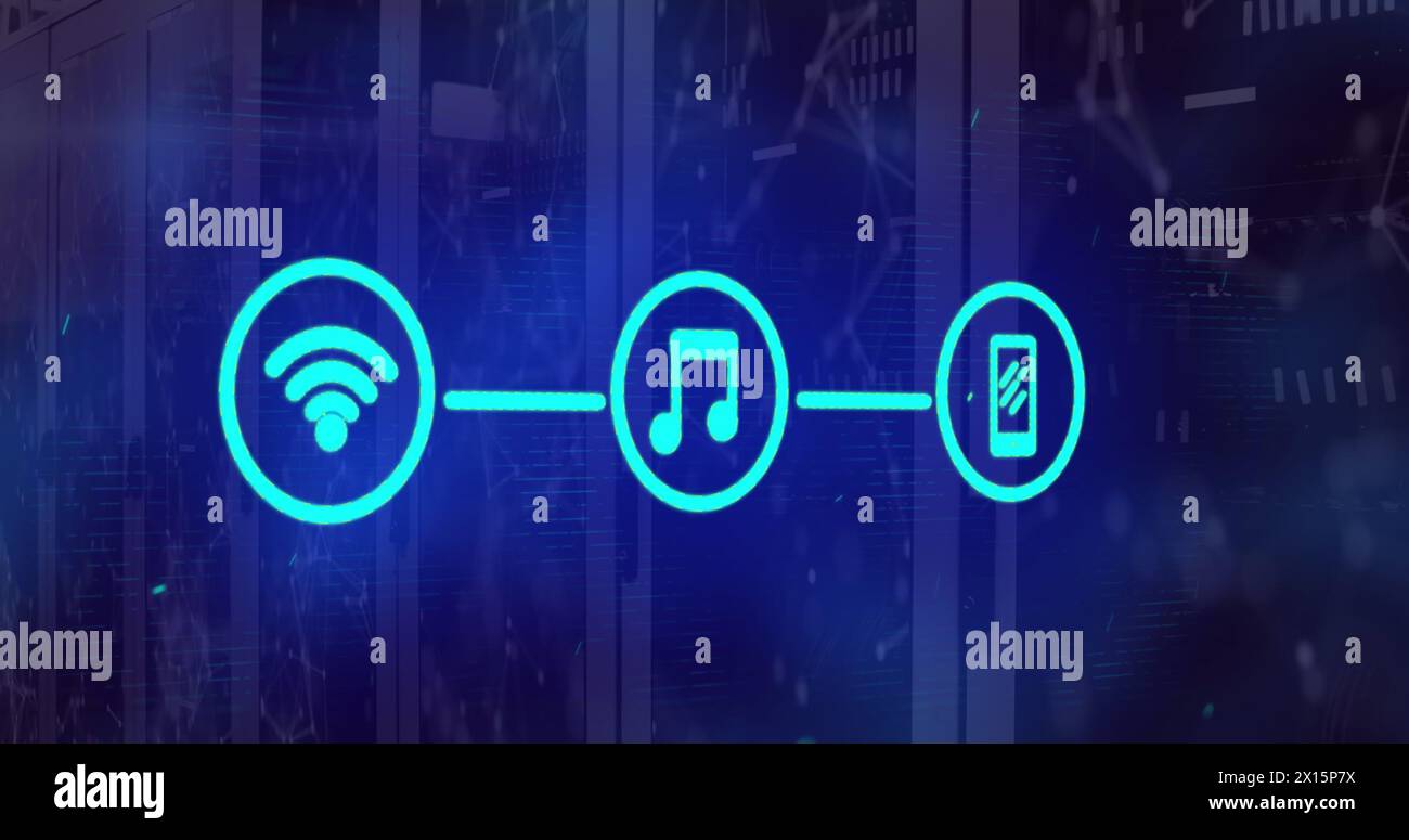 Abbildung: Symbole für verbundene blaue Medien und Netzwerk der Verbindungen über Computerserver Stockfoto