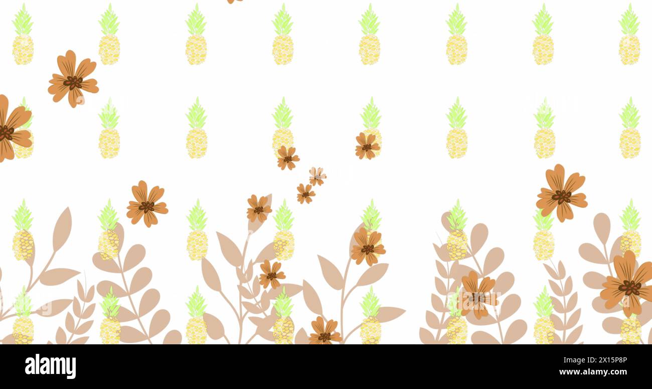 Bild von Blumensymbolen über Ananassymbolen und Blättern Stockfoto