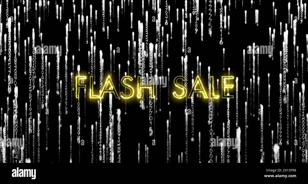 Bild des Flash-Verkaufstextes über binärem Matrix-Code auf dunklem Hintergrund Stockfoto