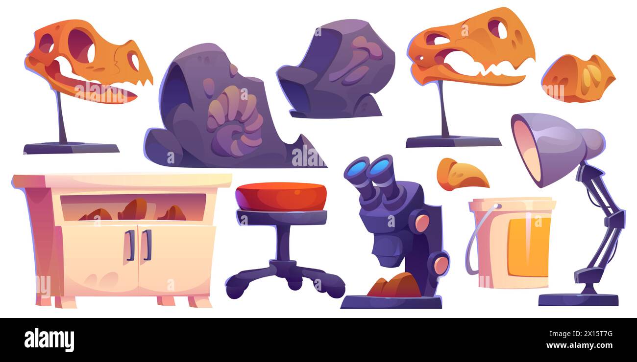 Dinosaurierfossil im archäologischen Museum des jura. Archäologe-Set für prähistorische Laboranalysen von Dino-Knochen, tyrannosaurus-dna-Forschung und Ammonitvergrößerungsstudie. Das paläontologische Wissenschaftslabor Stock Vektor