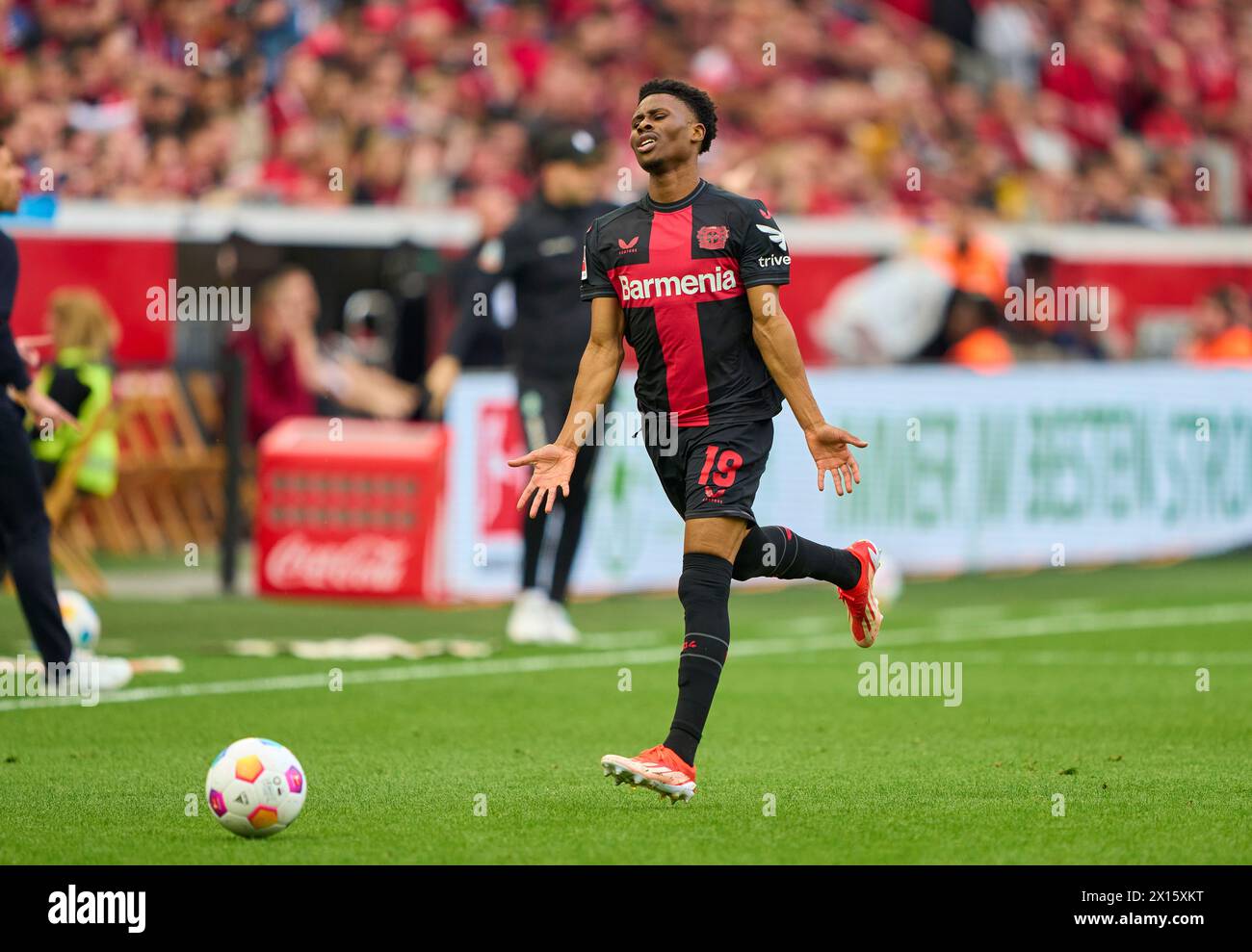 Leverkusen, Deutschland. April 2024. Nathan Tella, Lev 19 im Spiel BAYER 04 LEVERKUSEN - SV WERDER BREMEN 5-0 am 14. April 2024 in Leverkusen. Saison 2023/2024, 1. Bundesliga, Spieltag 29, 29. Spieltag Credit: Peter Schatz/Alamy Live News Stockfoto