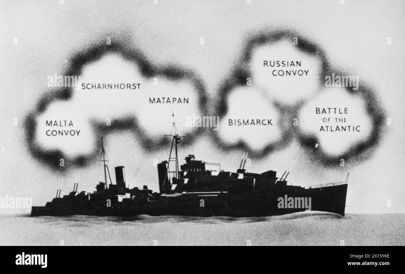 Im Mai 1945 veranschaulichten Diagramme, wie Radar auf See arbeitet, und zeigen seine Rolle bei großen Marineeinsätzen während des Zweiten Weltkriegs Stockfoto