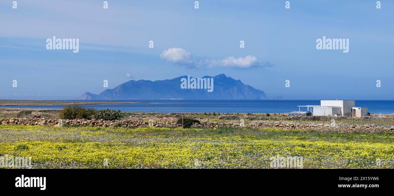 Italien, sizilien, mittelmeer, Ägadische Inseln, Insel Favignana; Blick auf die Landschaft der Insel (Insel Levanzo im Hintergrund) Stockfoto