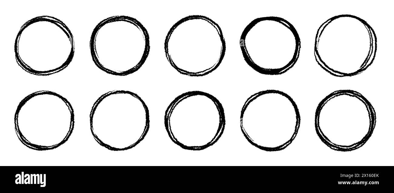 Rundes, kreisförmiges Logo, handgezeichnet, Pinselstriche, Rahmenelement. Runder Logorahmen, handgezeichneter Pinselstrich. Schwarze Form mit Kritzeltinte. Grober Schliff kreisförmig. Vektorabbildung. Stock Vektor