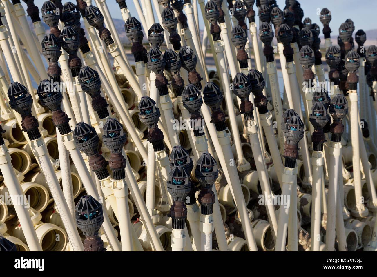 Bewässerungssprinkler mit Sprinklerköpfen, die auf den Anbau von Feldfrüchten warten, Riverside County, Kalifornien, USA. Stockfoto