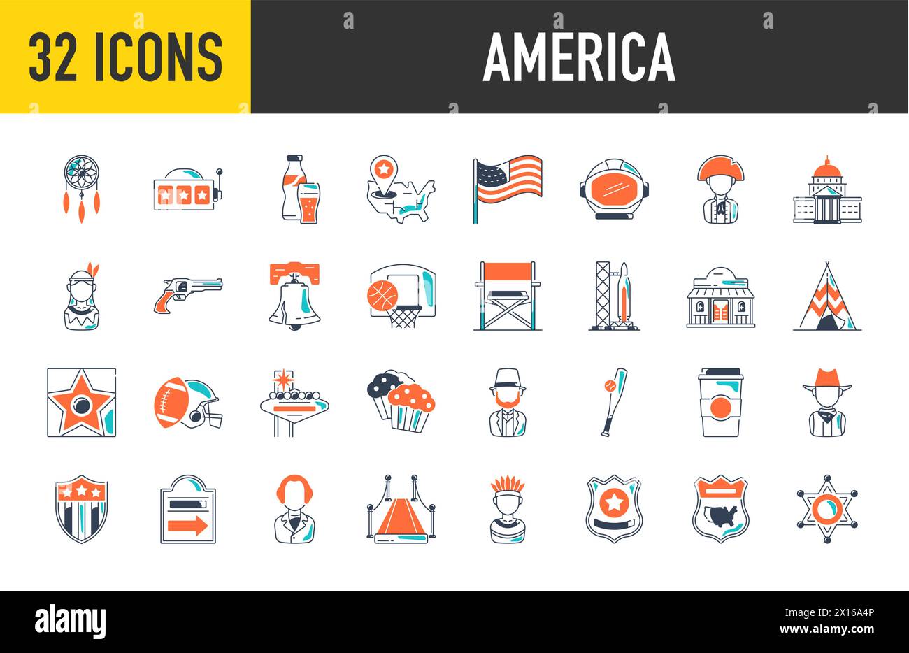 Amerikanische Ikonen, Kulturzeichen der USA, Traditionen Amerikas, Leben in den USA, National Objects of USA Vector Illustration. Stock Vektor