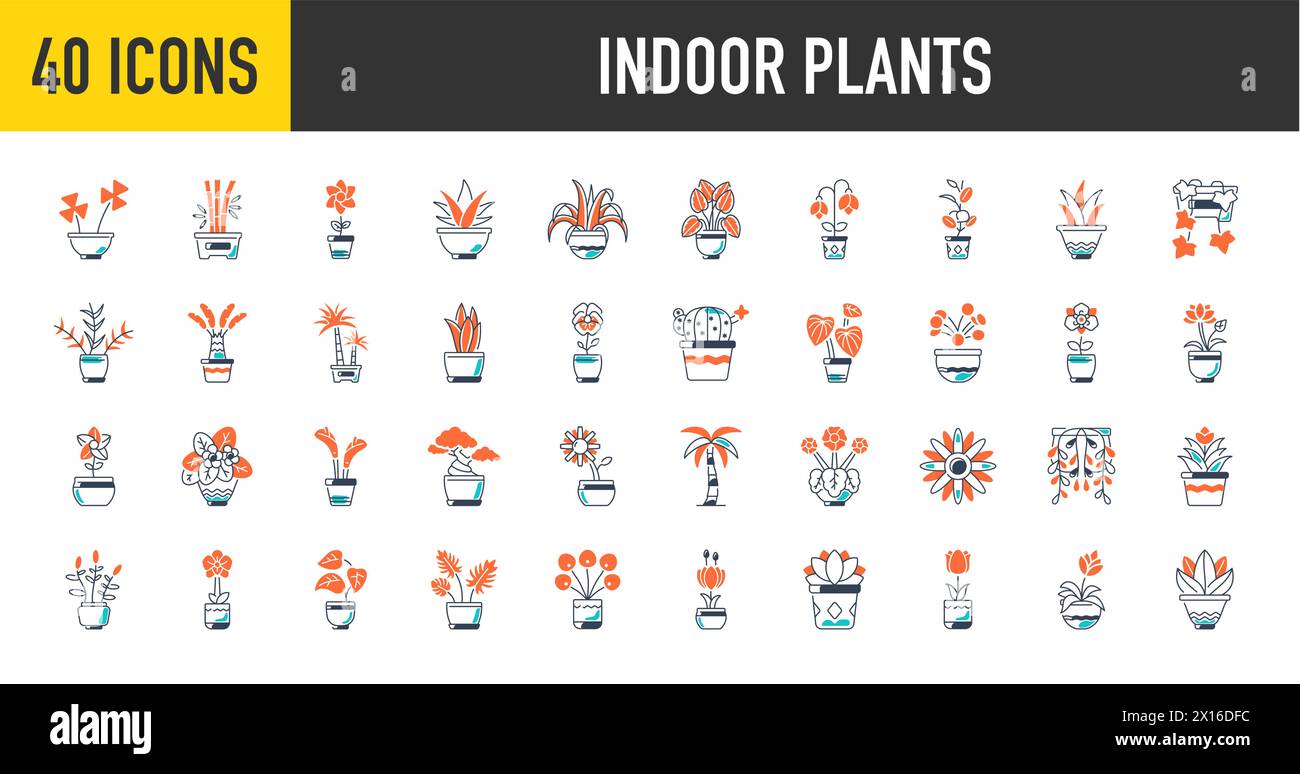 Dekorative Zimmerpflanzen in Töpfen. Zimmerpflanzen im Blumentopf, Vasen, Korb für Innenraum isoliert auf weißem Hintergrund. Umweltfreundlicher zu Hause. Vektorsymbole. Stock Vektor