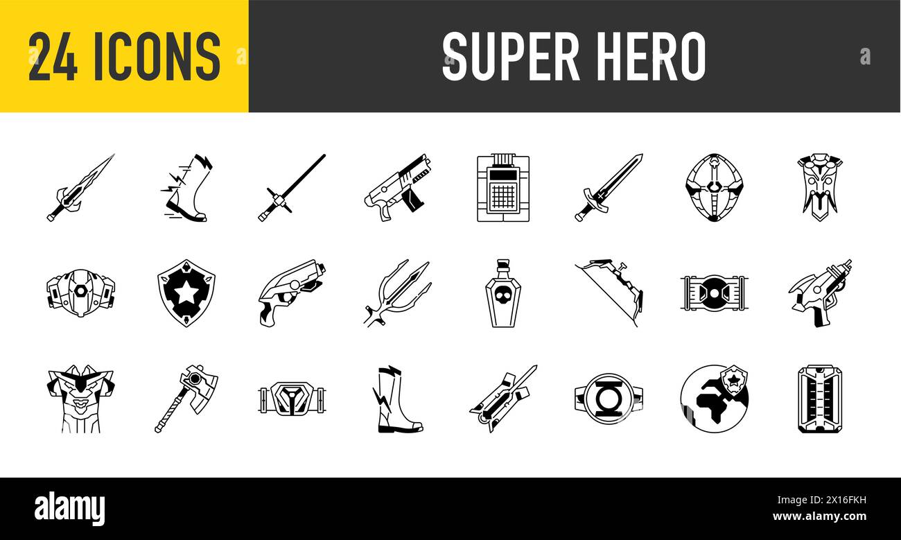 Super Hero Icon Set in flachem Stil. Enthält Symbole wie Wasserpistole, Paintball, Pistole, Soldat, Waffe, U-Boot, Schwert, Radioaktiv, Mittelalter, Mace. Stock Vektor