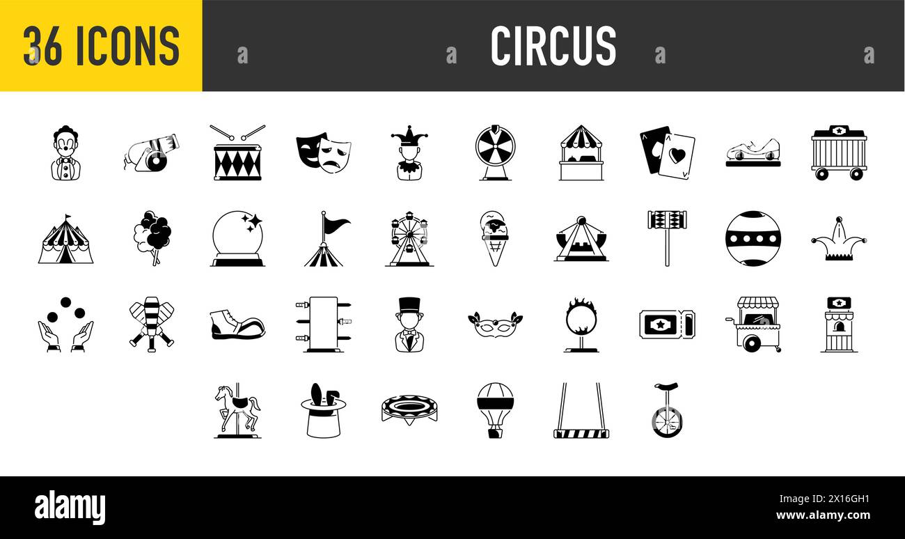 Circus Minimal Web-Symbolset. Darunter die Symbole Achterbahn, Karussell, Zirkus, Ferros Wheel und mehr. Sammlung von Symbolen. Einfacher Vektor. Stock Vektor