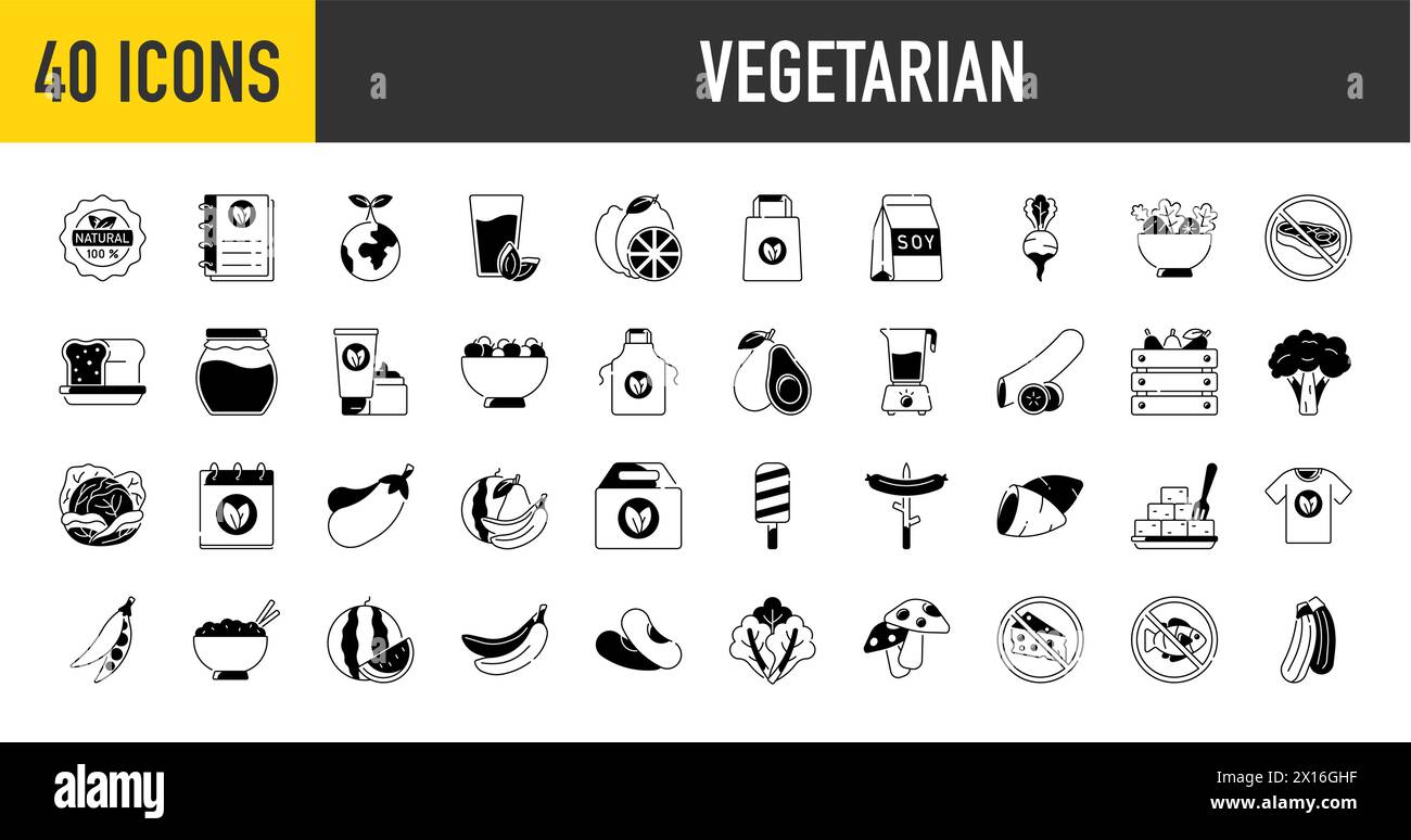 Vegetarisch, Gemüse, Gemüse - minimales Web-Symbol-Set. Enthält die einfachen Vektorsymbole wie Tomate, Gurke, Kohlrabi, Blumenkohl, Pattypan Kürbis. Stock Vektor