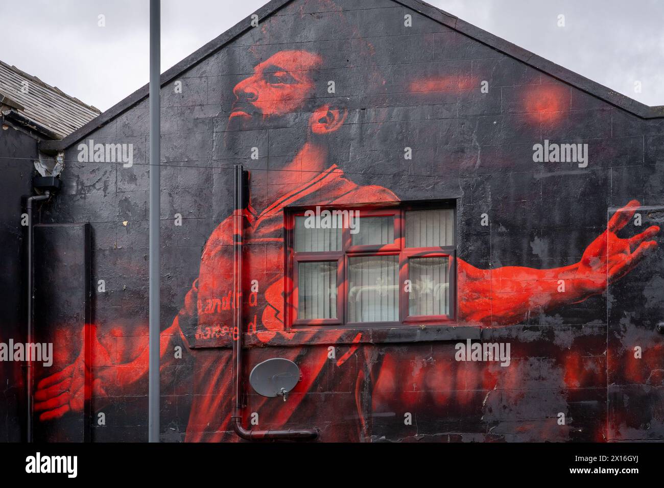 Mohamed Salah Wandgemälde in der Nähe des Anfield Stadium, Liverpool Stockfoto