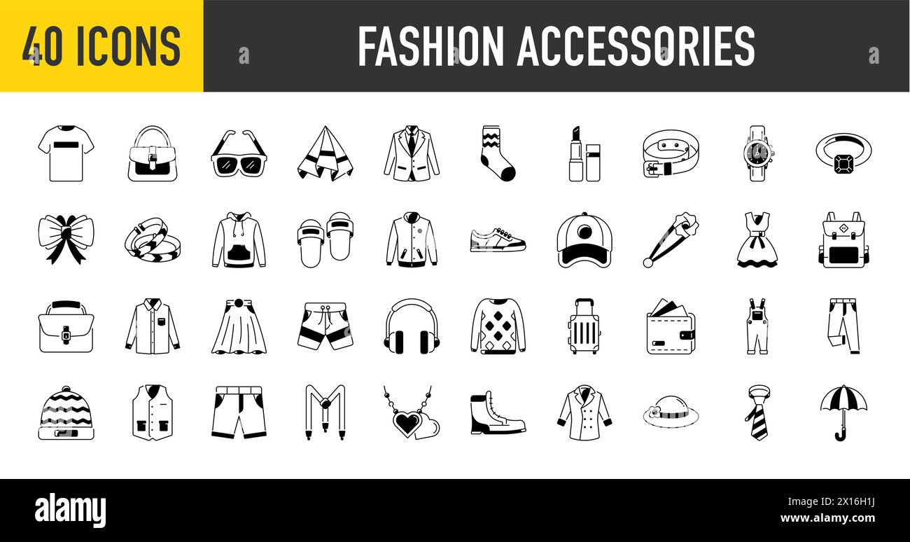 Symbole Für Mode-Accessoires. Vektor-Illustration enthält Symbol wie Schuhe, High Heels Schuhe, Schleife, Rucksack, Strickkleidung und andere Kleidung flach Stock Vektor