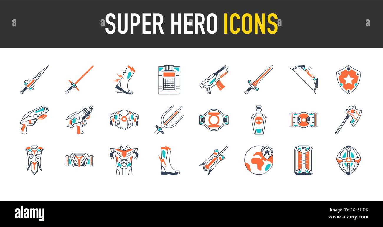 Super Hero Icon Set in flachem Stil. Enthält Symbole wie Wasserpistole, Paintball, Pistole, Soldat, Waffe, U-Boot, Schwert, Radioaktiv, Mittelalter, Mace. Stock Vektor