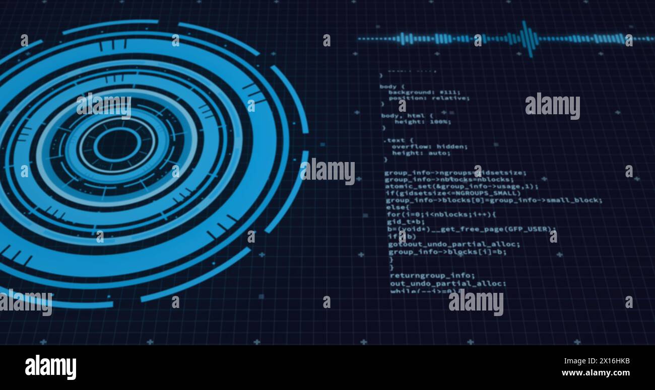 Bild von Ladekreisen, Schallwellen und Computersprache auf schwarzem Hintergrund Stockfoto