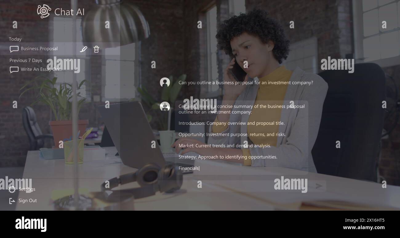 Chat-AI-Logo und -Text über birassische Geschäftsfrau, die sich mit einem Laptop auf dem Smartphone unterhalten Stockfoto