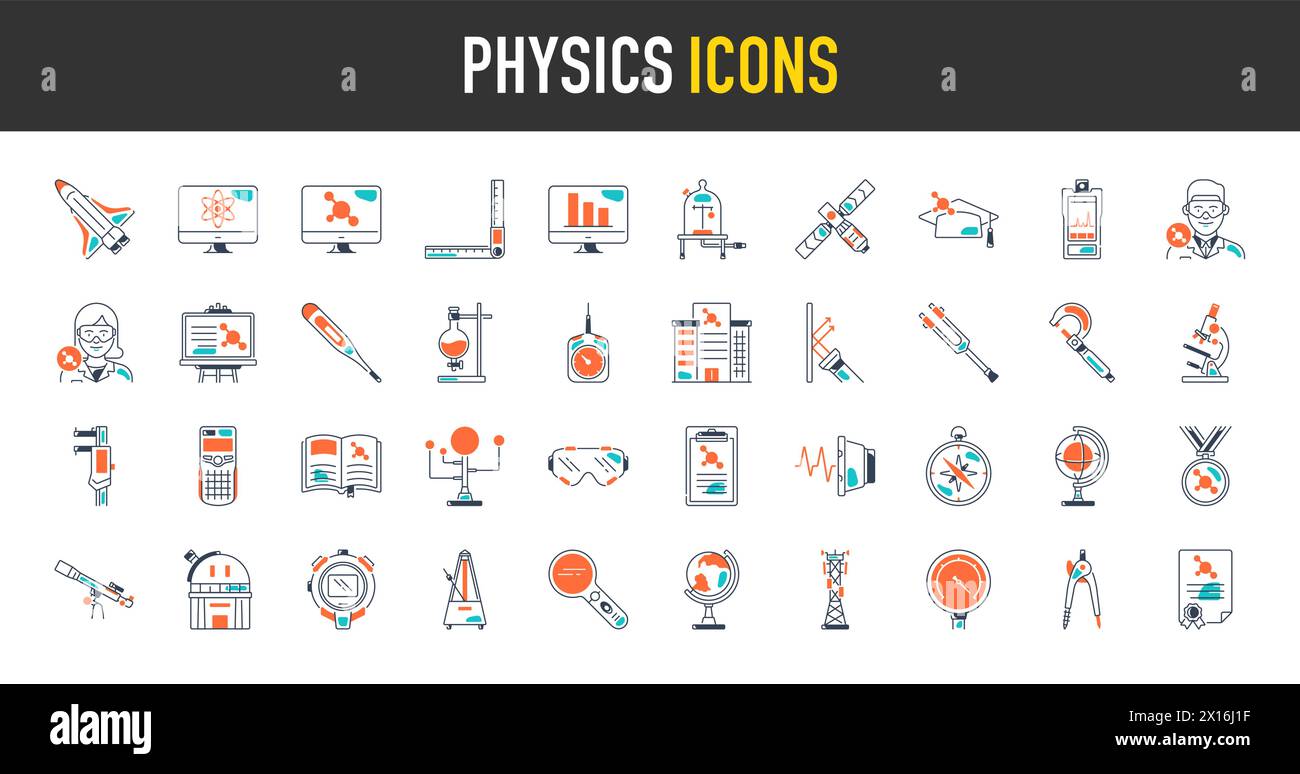 Satz von Physiksymbolen. Dünne Symbole Pack. Vektorabbildung Stock Vektor