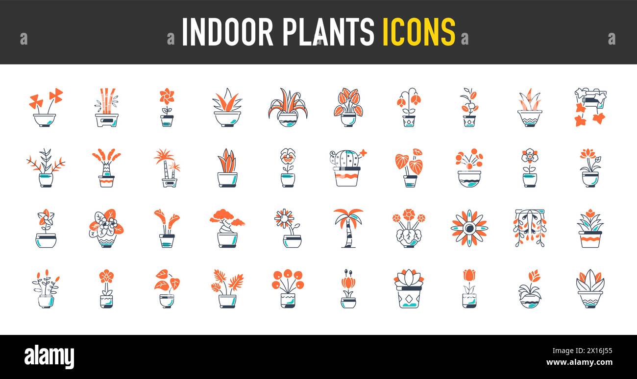 Dekorative Zimmerpflanzen in Töpfen. Zimmerpflanzen im Blumentopf, Vasen, Korb für Innenraum isoliert auf weißem Hintergrund. Umweltfreundlicher zu Hause. Vektorsymbole. Stock Vektor