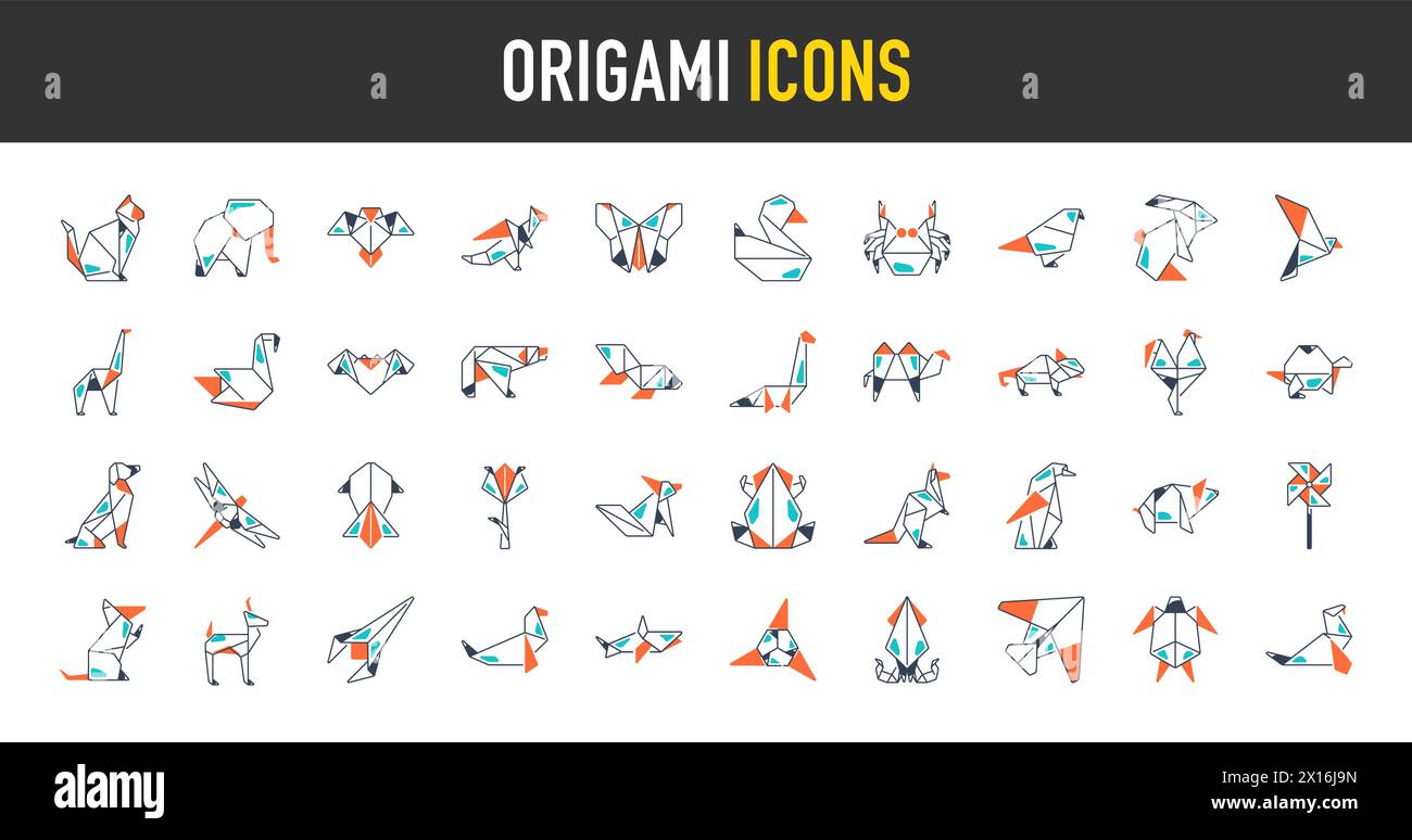 Origami Gefaltete Papiertiere Formen. Vogel, Kran, Katze, Hund, Nashorn, Fuchs, Maus, Elefant. Set-Kollektion Mit Flachen Symbolen Stock Vektor
