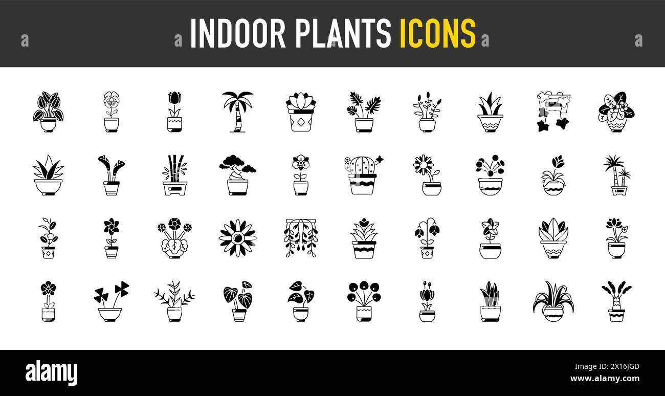 Dekorative Zimmerpflanzen in Töpfen. Zimmerpflanzen im Blumentopf, Vasen, Korb für Innenraum isoliert auf weißem Hintergrund. Umweltfreundlicher zu Hause. Vektorsymbole. Stock Vektor