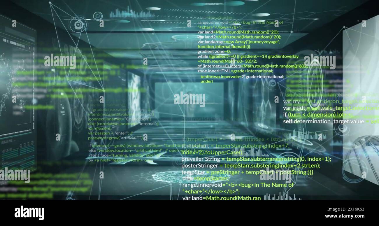 Bild der Datenverarbeitung und des Verbindungsnetzes auf schwarzem Hintergrund Stockfoto