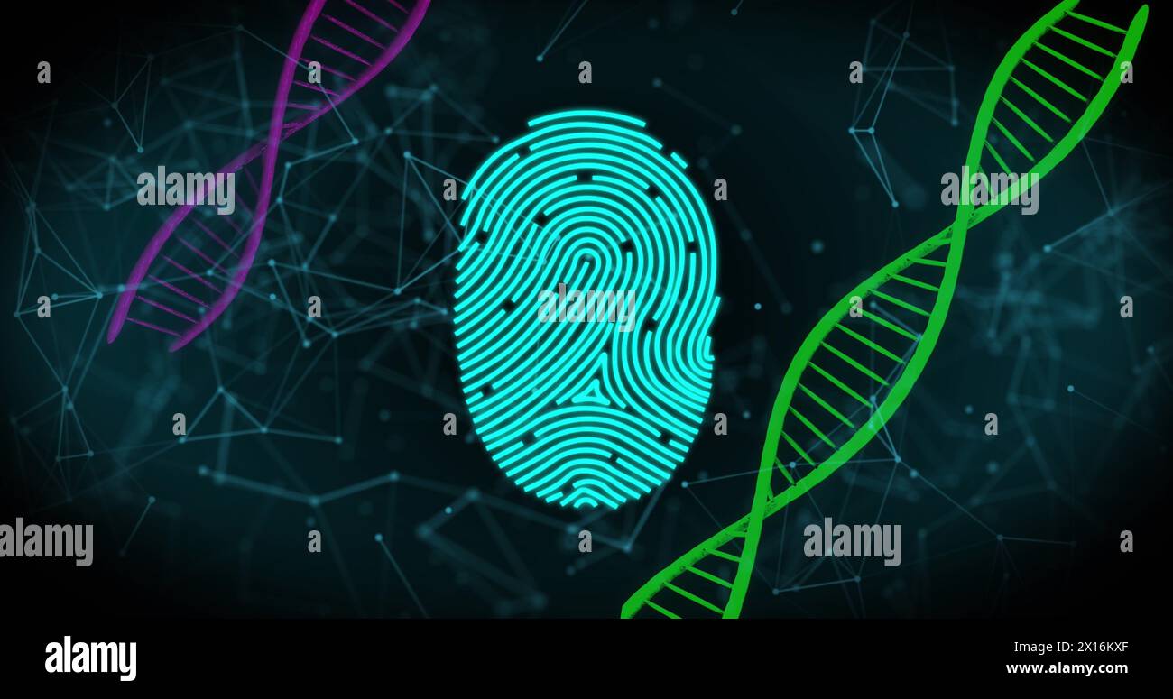 Symbole für biometrische Scanner und Sicherheitsvorhängeschlösser gegen dna-Strukturen und Netzwerk von Verbindungen Stockfoto