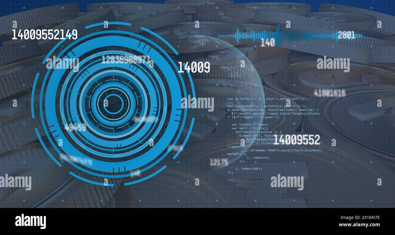 Bild des Verarbeitungskreises, der Kugel, der Diagramme und Zahlen auf dem digitalen Bildschirm Stockfoto