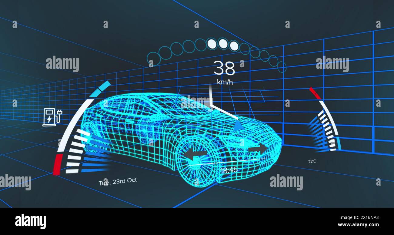 Bild des Tachometers über dem 3D-Modell eines Autos, das sich vor blauem Hintergrund bewegt Stockfoto