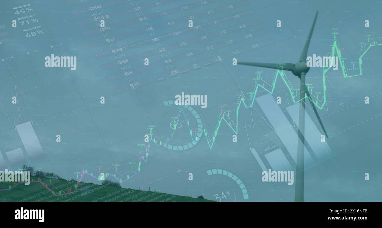 Abbildung von Statistiken und Datenverarbeitung über statistischem Rahmen für Windstatistiken Stockfoto