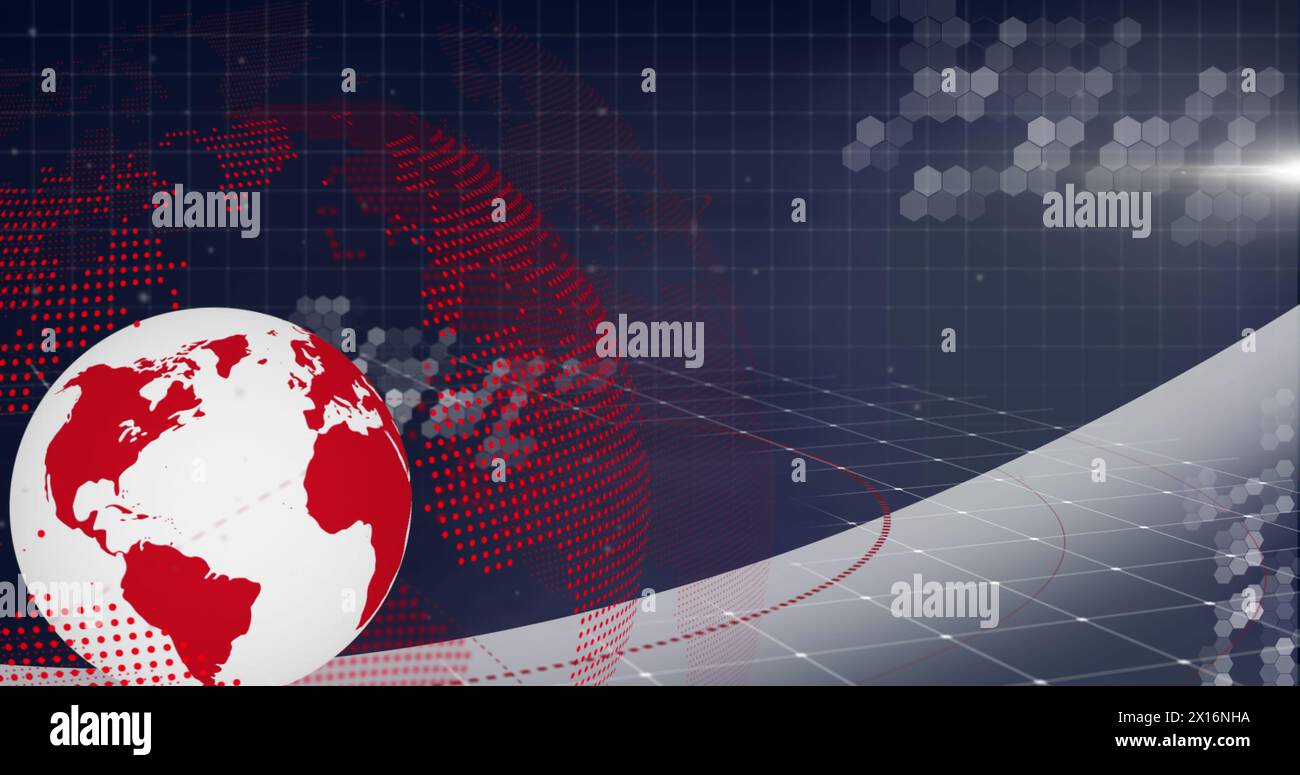 Bild der Welt und des Netzwerks von Verbindungen mit digitaler Weltkarte über Netz Stockfoto