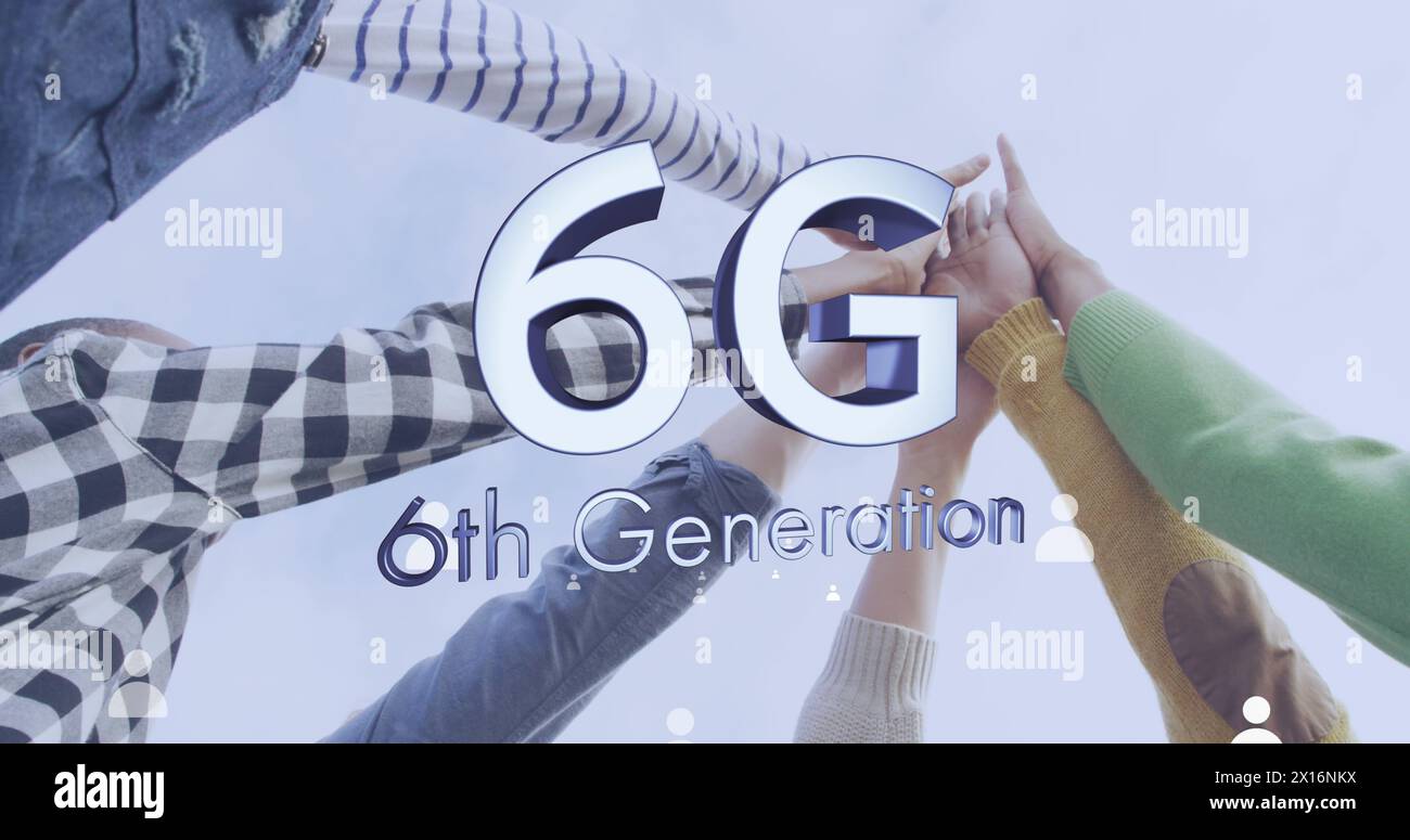 Bild: 6g über verschiedenen Menschen, die die Hände klatschen Stockfoto