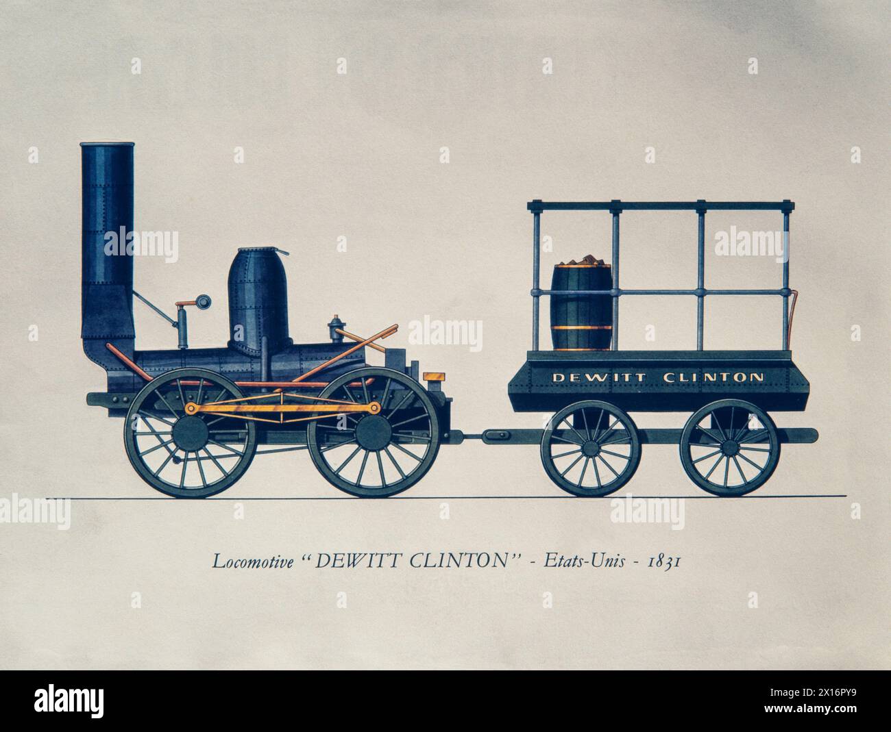 Zeichnung einer Lokomotive „Dewitt Clinton“ - 1831 - Vereinigte Staaten - Farbstich Stockfoto