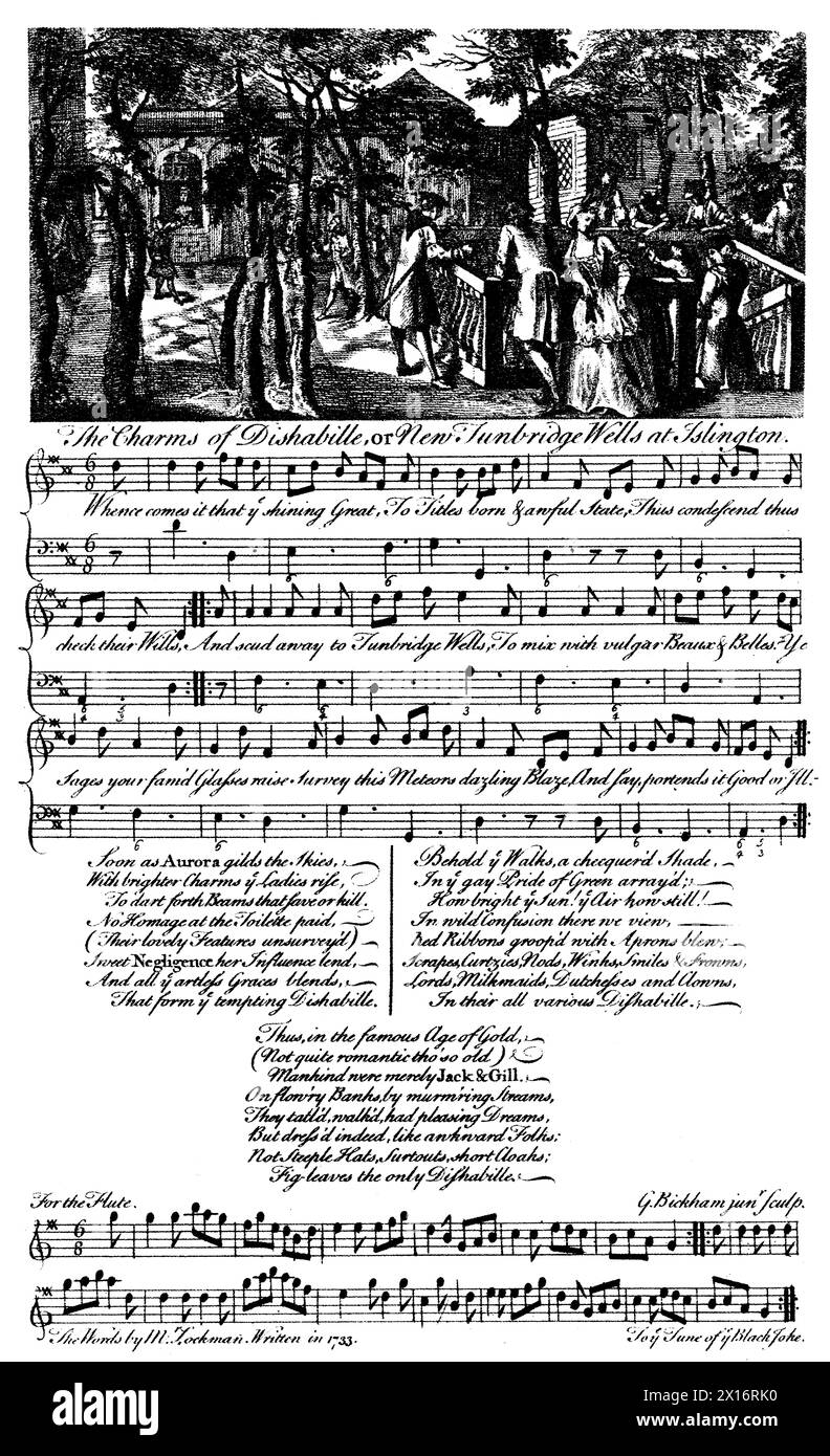 The Charms of Dishabille oder New Tunbridge Wells in Islington, 1733. Dieses Lied ist nach den Worten eines Gedichts vertont, das 1733 von Mr. Lockman über die Popularität von Islington Spa oder New Tunbridge Wells, einem Vergnügungsgarten in Islington, geschrieben wurde. Der Vergnügungsgarten in Islington war einer der kleineren Londoner Gärten. Sie entstand nach der Entdeckung einer Quelle in den 1680er Jahren Gedrucktes Liedblatt für The Charms of Déshabille oder New Tunbridge Wells at Islington, geschrieben von Mr. Lockman im Jahr 1733. Stich von George Bickham dem Jüngeren (um 1706-1771). Stockfoto