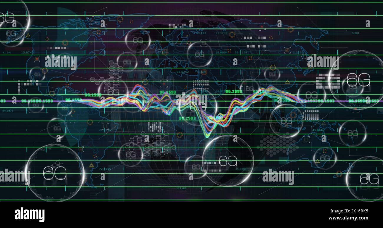 Bild von 5g- und 6g-Text in Blase mit mehrfarbigen Diagrammwellen und Karte vor schwarzem Hintergrund Stockfoto