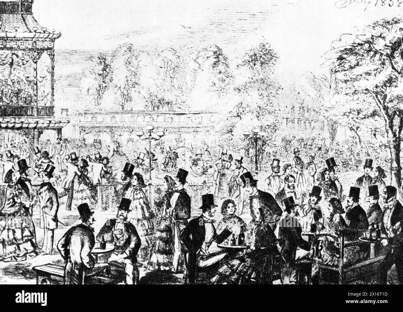 Cremorne Gardens, Chelsea, London, 1858. Cremorne Gardens waren beliebte Vergnügungsgärten am Ufer der Themse in Chelsea, London. Sie lagen zwischen Chelsea Harbour und dem Ende der King's Road und blühten zwischen 1845 und 1877. Stockfoto
