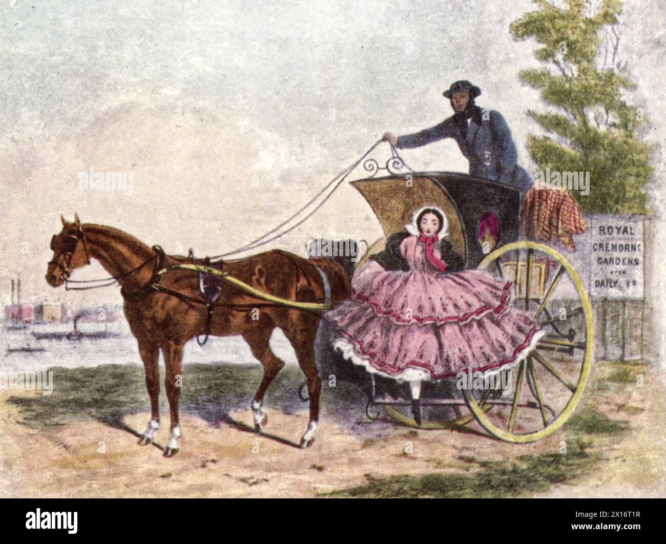 Ankunft am Wassertor, Cremorne, 1858. Cremorne Gardens waren beliebte Vergnügungsgärten am Ufer der Themse in Chelsea, London. Sie lagen zwischen Chelsea Harbour und dem Ende der King's Road und blühten zwischen 1845 und 1877. Stockfoto