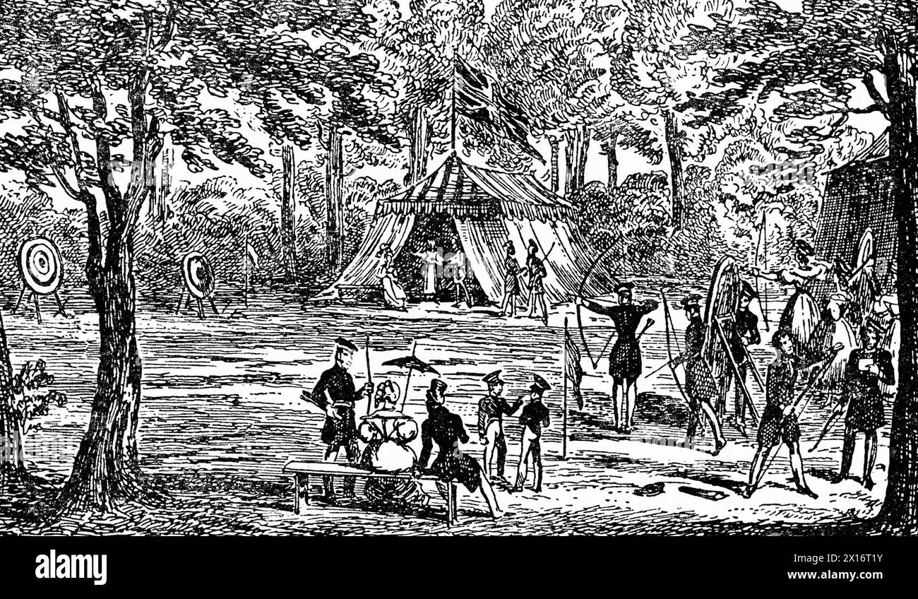 Bogenschießen im Stadion, Cremorne, 19. Jahrhundert. Von George Cruikshank (1792-1878). Cremorne Gardens waren beliebte Vergnügungsgärten am Ufer der Themse in Chelsea, London. Sie lagen zwischen Chelsea Harbour und dem Ende der King's Road und blühten zwischen 1845 und 1877. Stockfoto