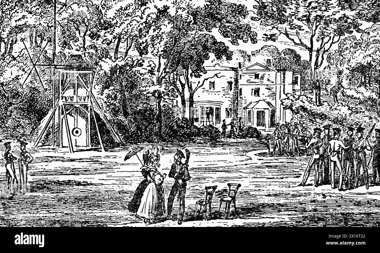 Künstliche Taubenschießen im Stadion, Cremorne, 19. Jahrhundert. Von George Cruikshank (1792-1878). Cremorne Gardens waren beliebte Vergnügungsgärten am Ufer der Themse in Chelsea, London. Sie lagen zwischen Chelsea Harbour und dem Ende der King's Road und blühten zwischen 1845 und 1877. Stockfoto