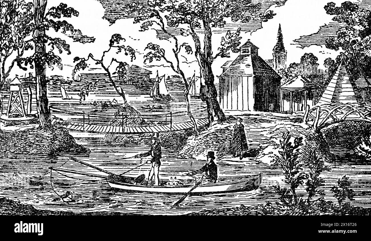 Die Schule der Natation im Stadion, Cremorne, 19. Jahrhundert. Von George Cruikshank (1792-1878). Cremorne Gardens waren beliebte Vergnügungsgärten am Ufer der Themse in Chelsea, London. Sie lagen zwischen Chelsea Harbour und dem Ende der King's Road und blühten zwischen 1845 und 1877. Stockfoto