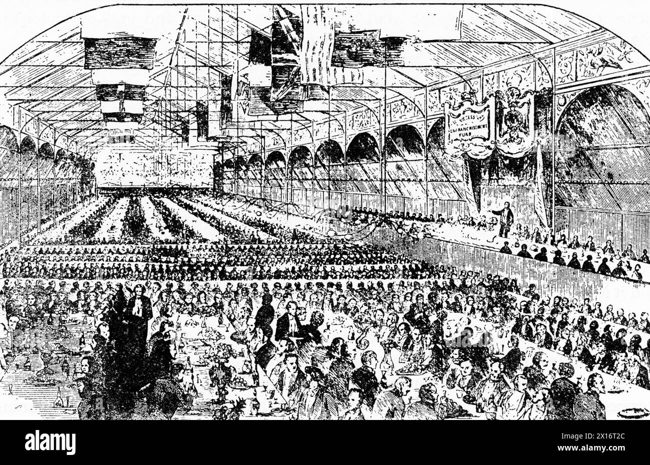 Lizenzierte Victuallers' Schools, Anniversary Dinner, Cremorne Gardens, 24. Juli 1858. Cremorne Gardens waren beliebte Vergnügungsgärten am Ufer der Themse in Chelsea, London. Sie lagen zwischen Chelsea Harbour und dem Ende der King's Road und blühten zwischen 1845 und 1877. Aus den Illustrated News of the World, 24. Juli 1858. Stockfoto