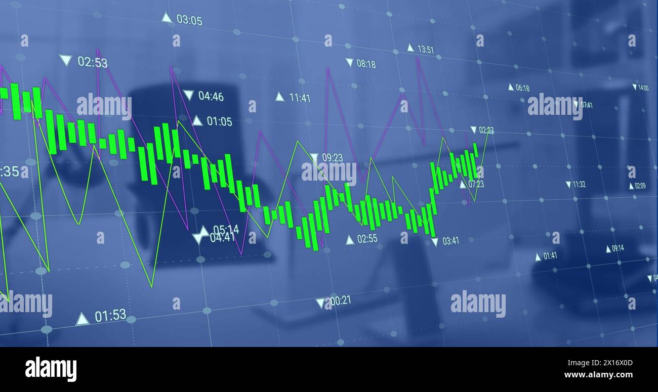 Abbildung von Diagrammen mit wechselnden Zahlen über unbelegtem Stuhl und Schreibtisch im Büro Stockfoto