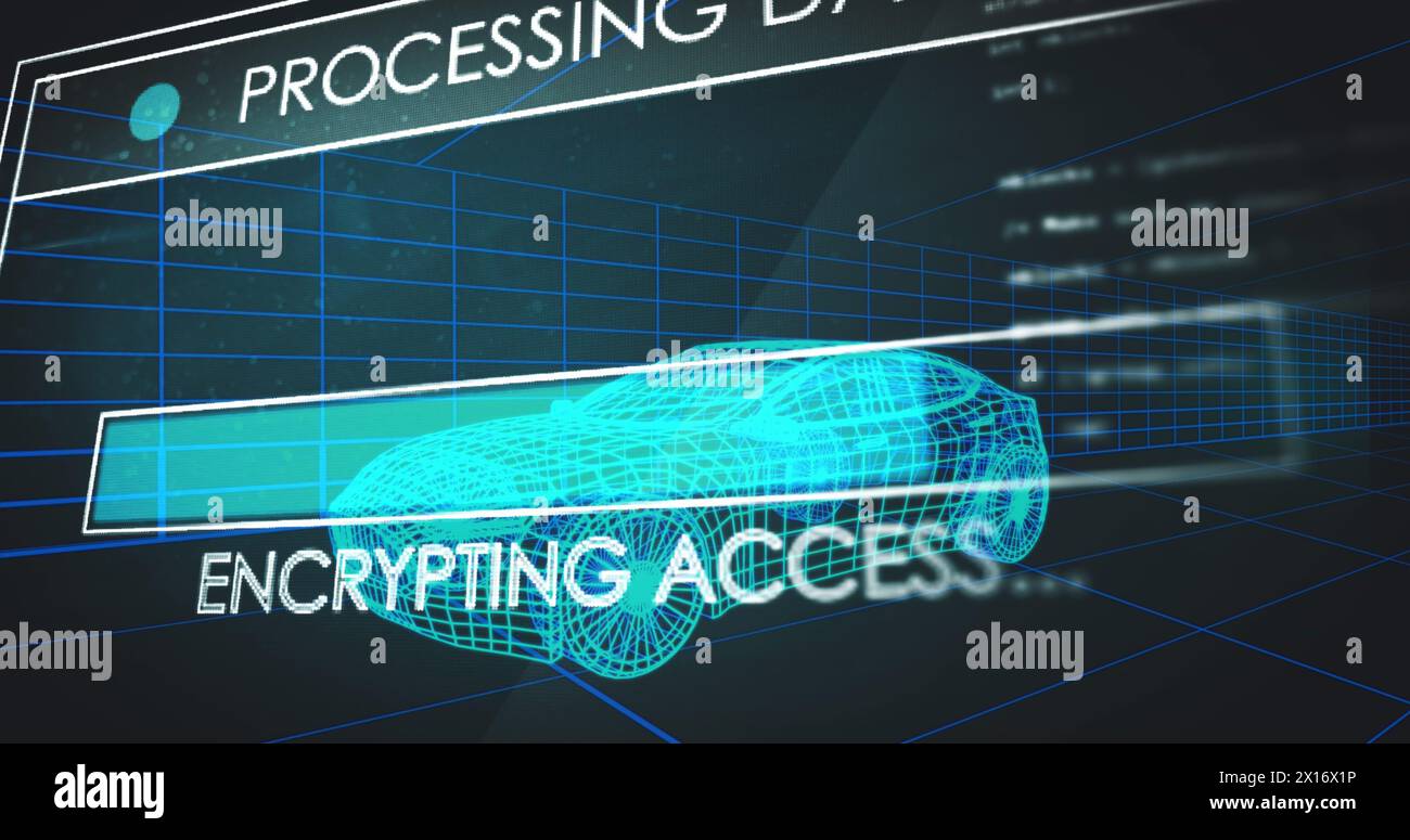 Abbildung mehrerer Text- und Ladebalken über Computersprache im Vergleich zum 3D-Fahrzeugmodell Stockfoto